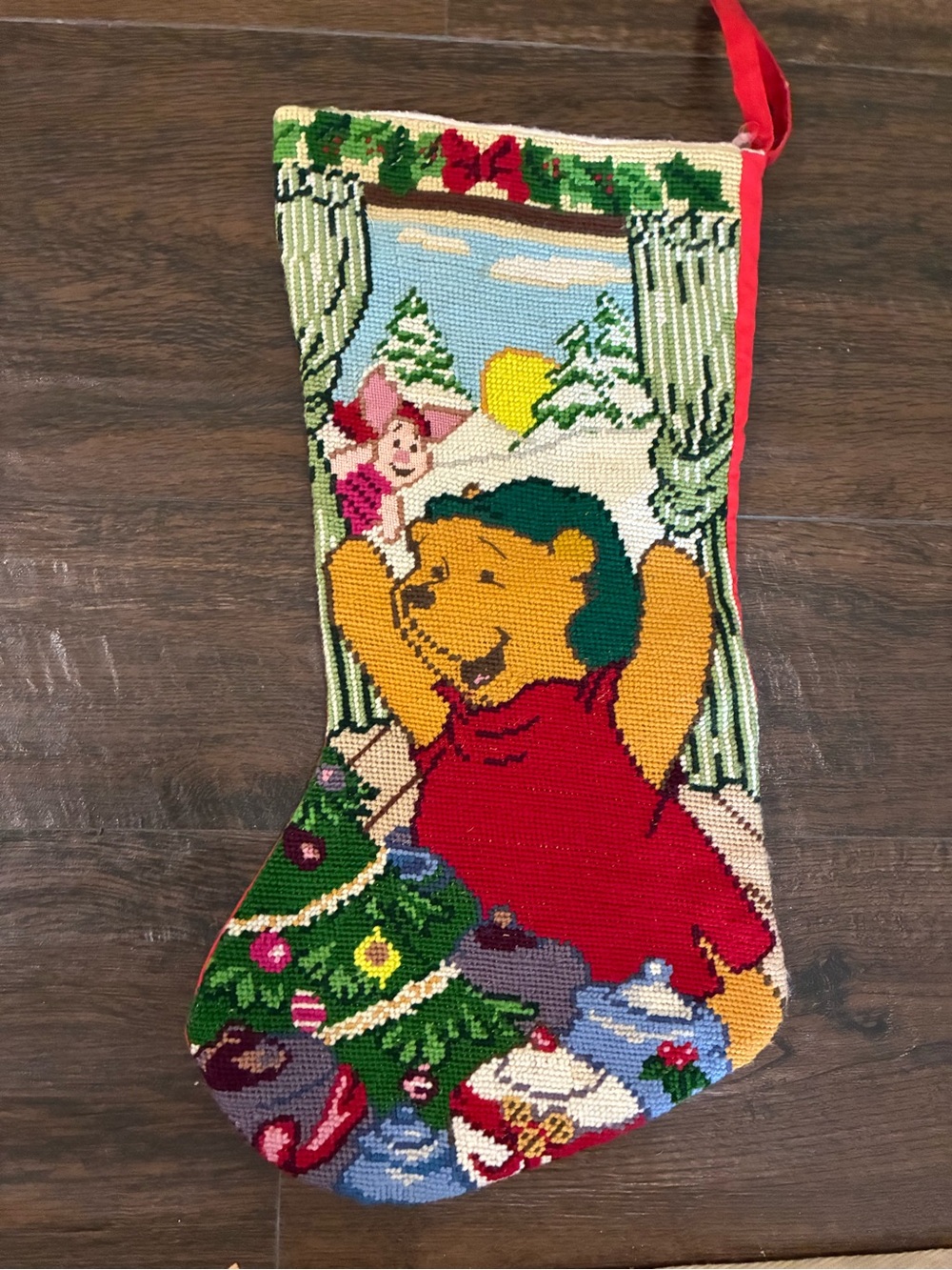 Disney Winnie the Pooh and Piglet 1995 Christmas needlepoint stocking